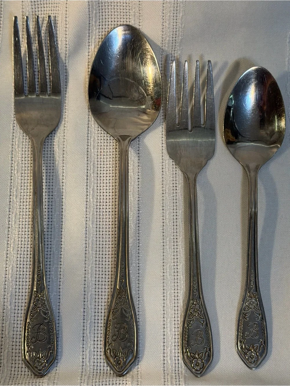 4 Pc Monogram “B” Flatware 1 dinner fork, 1 salad fork, 1 tablespoon, 1 teaspoon